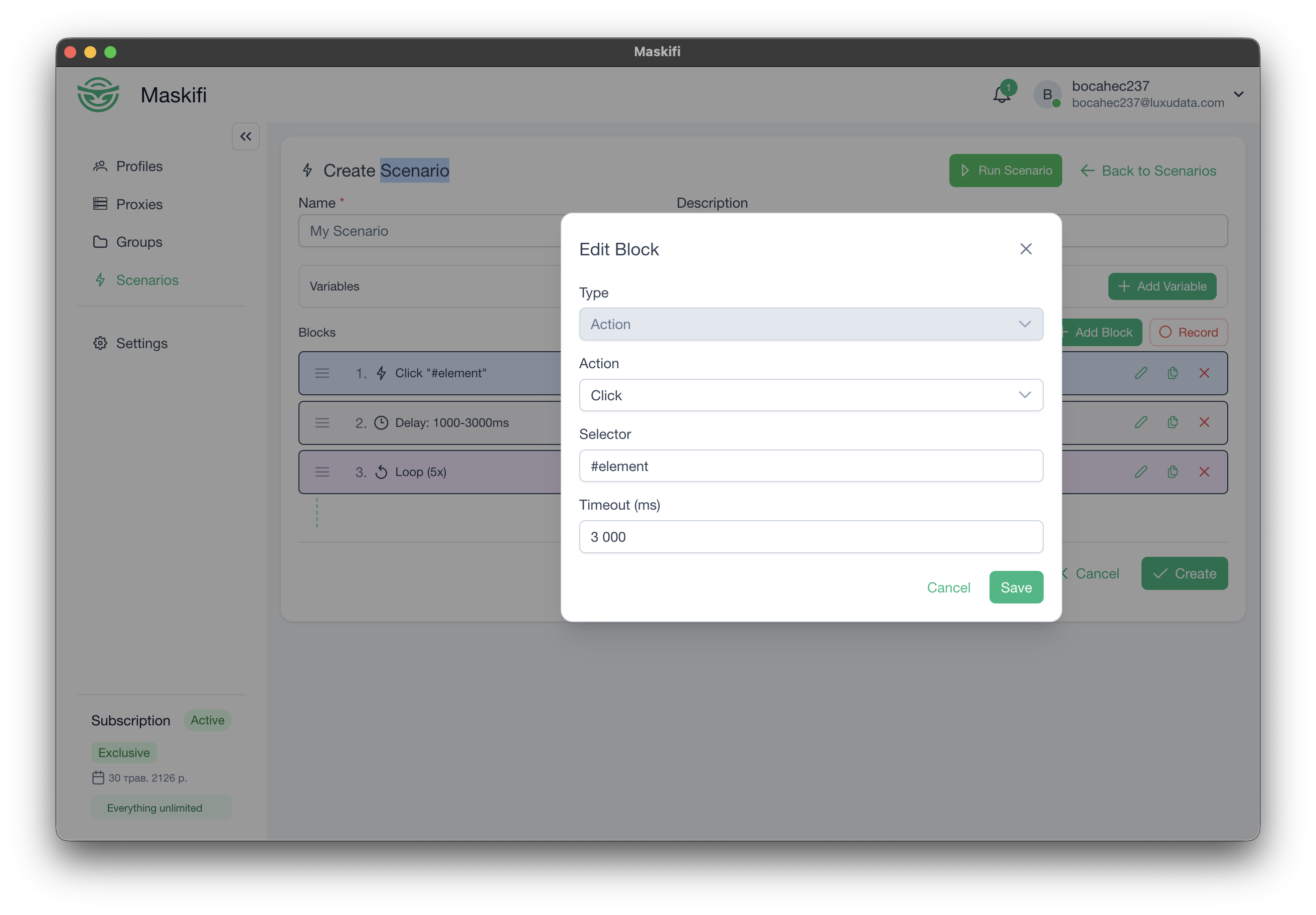 Scenario builder with the block list and a block editor dialog open