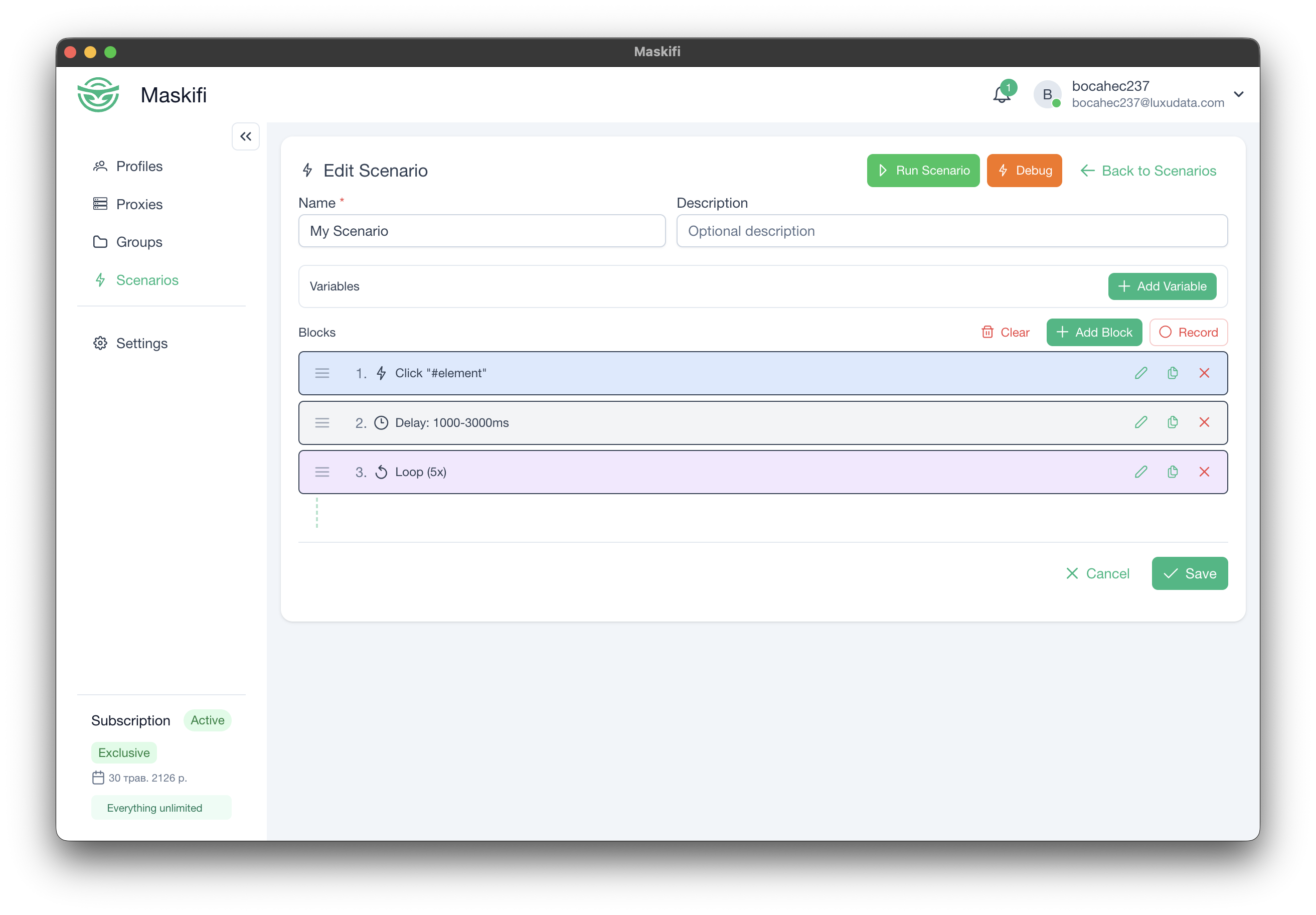 Scenario editor with the name and description fields and the Save button