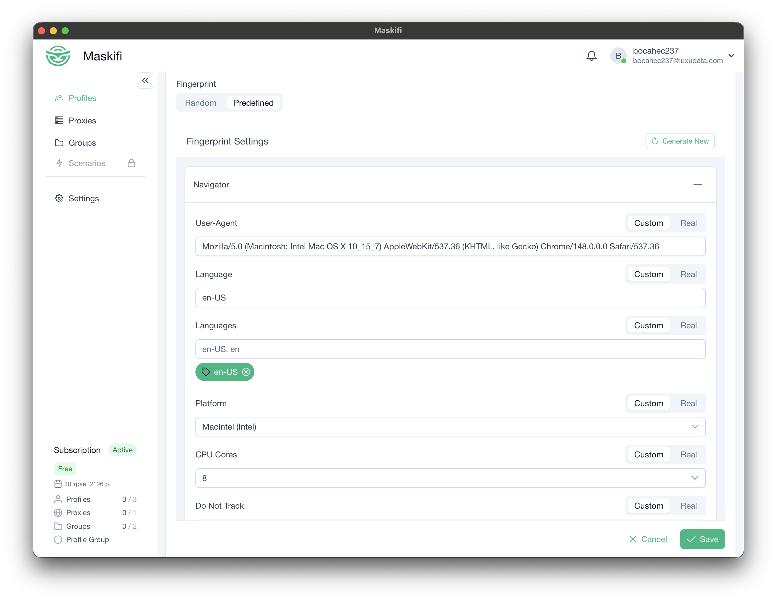 Fingerprint editor panel