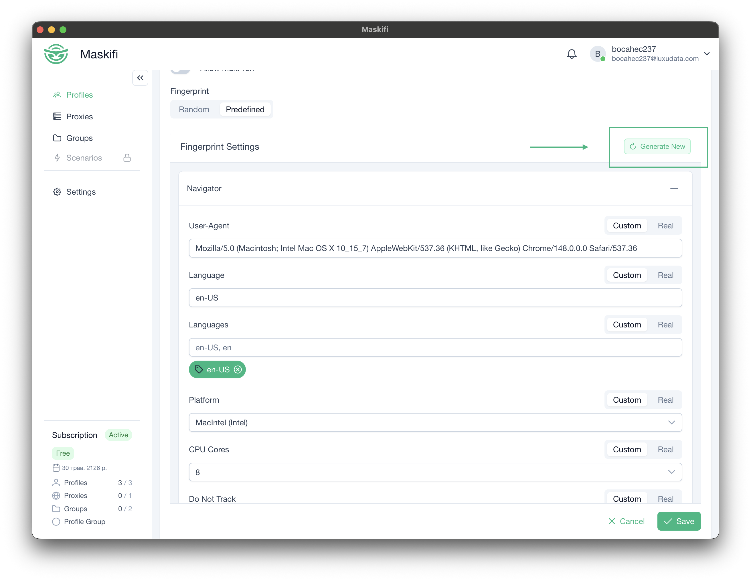 Regenerate button in the fingerprint editor header