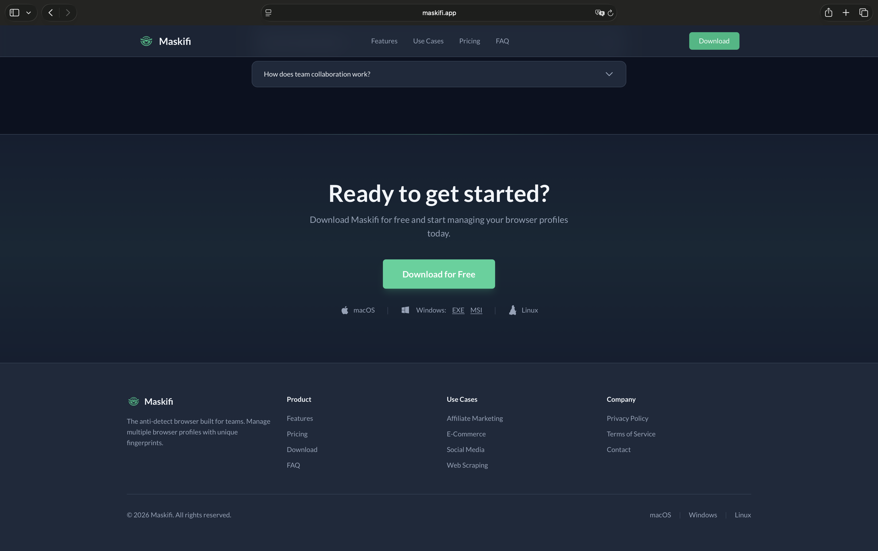 Download page on maskifi.app with OS selector