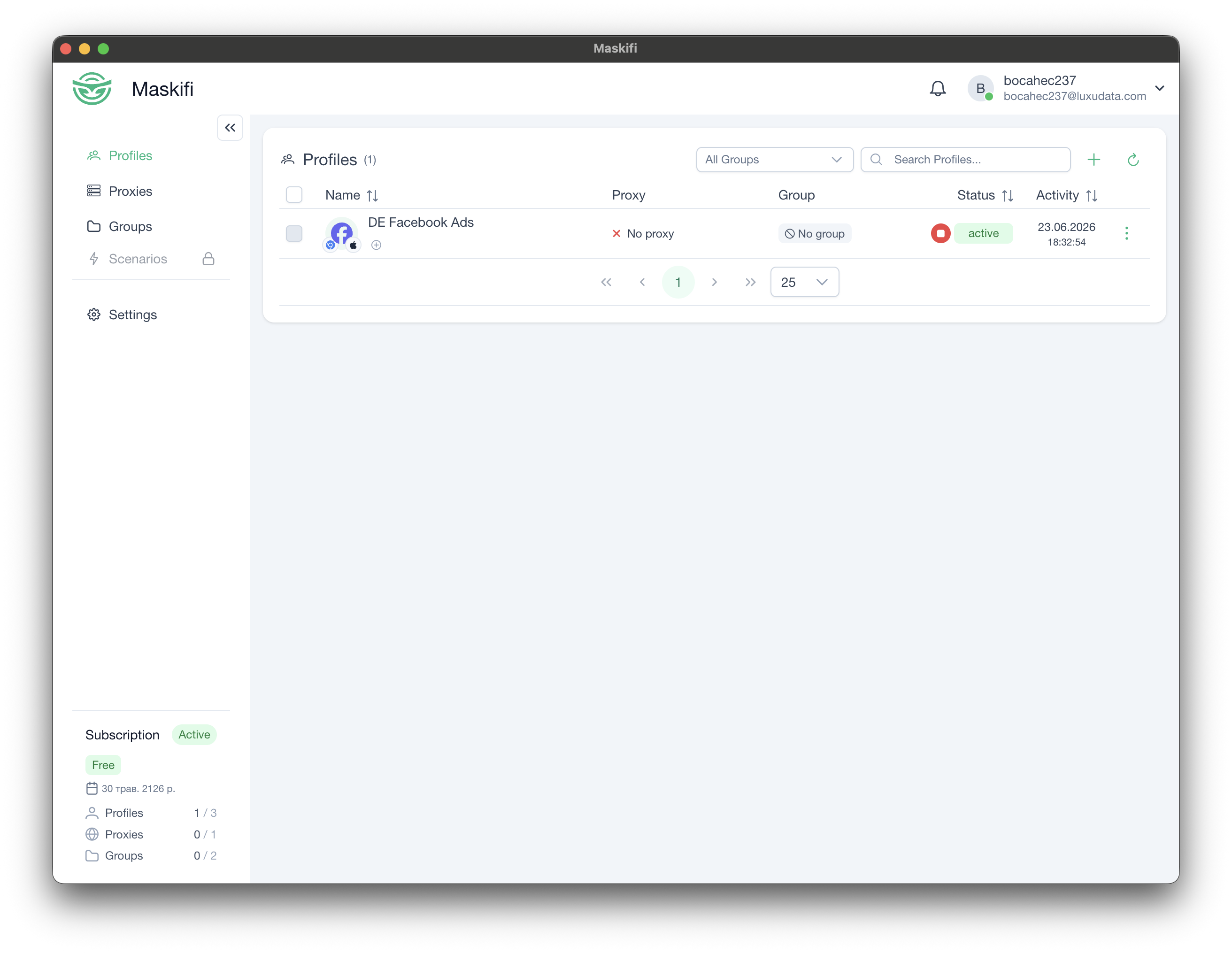Profile row showing Active status with running browser