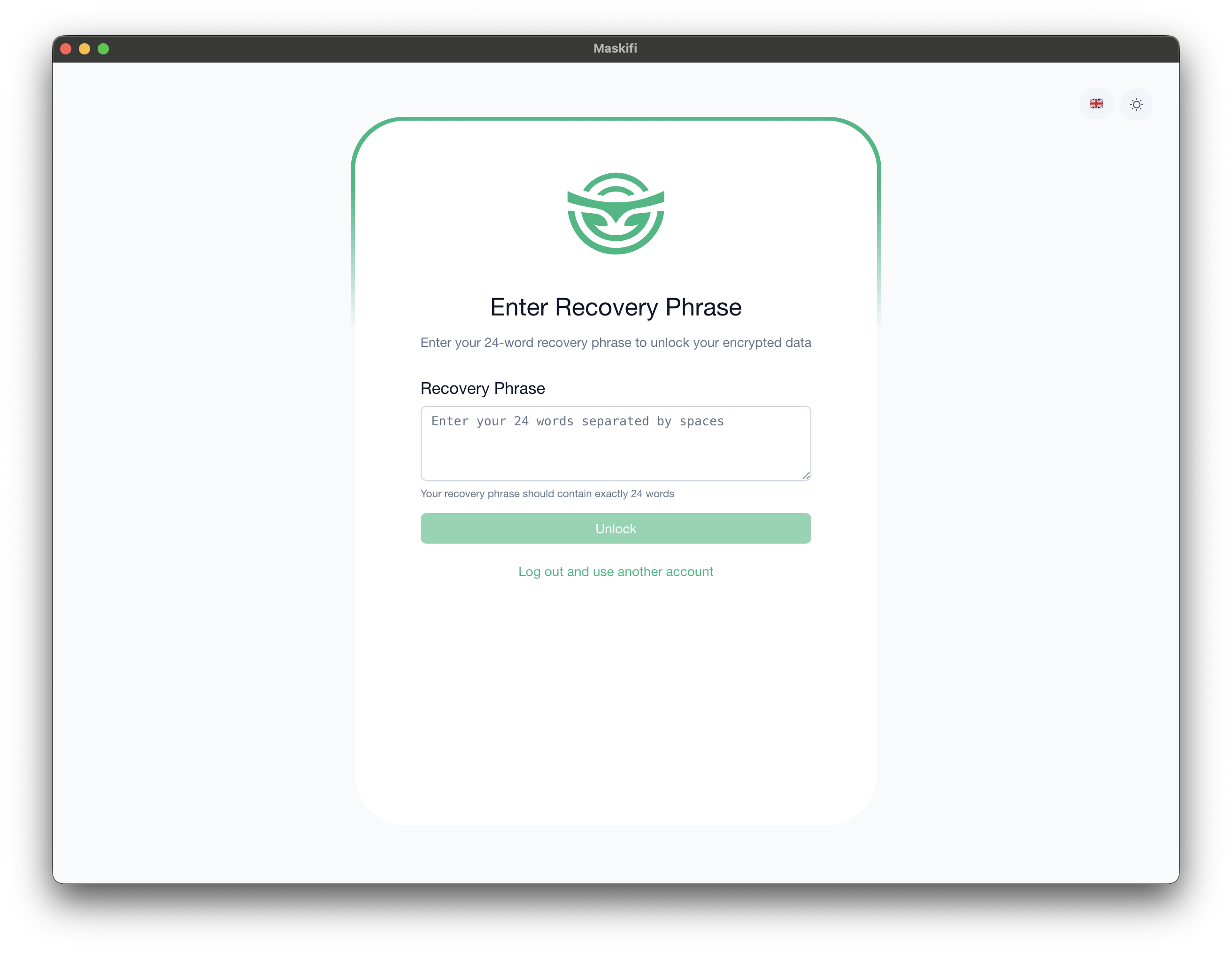 Recovery phrase entry screen