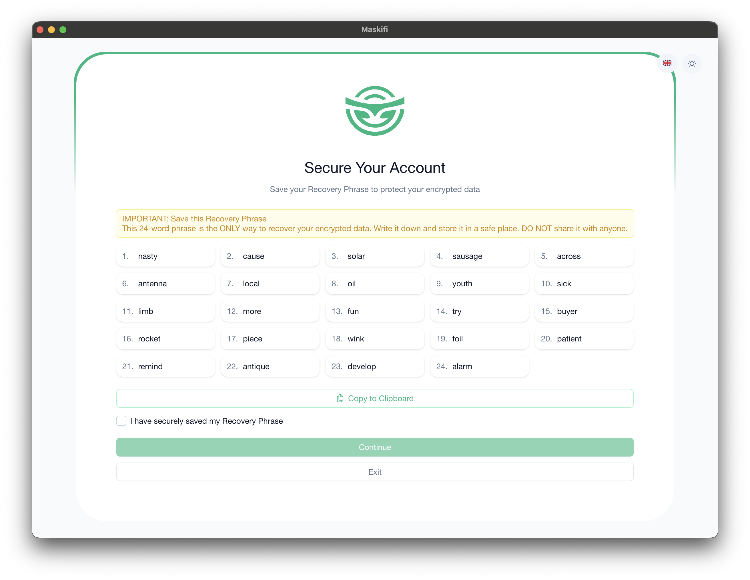 Encryption setup screen showing the 24-word grid with Copy button