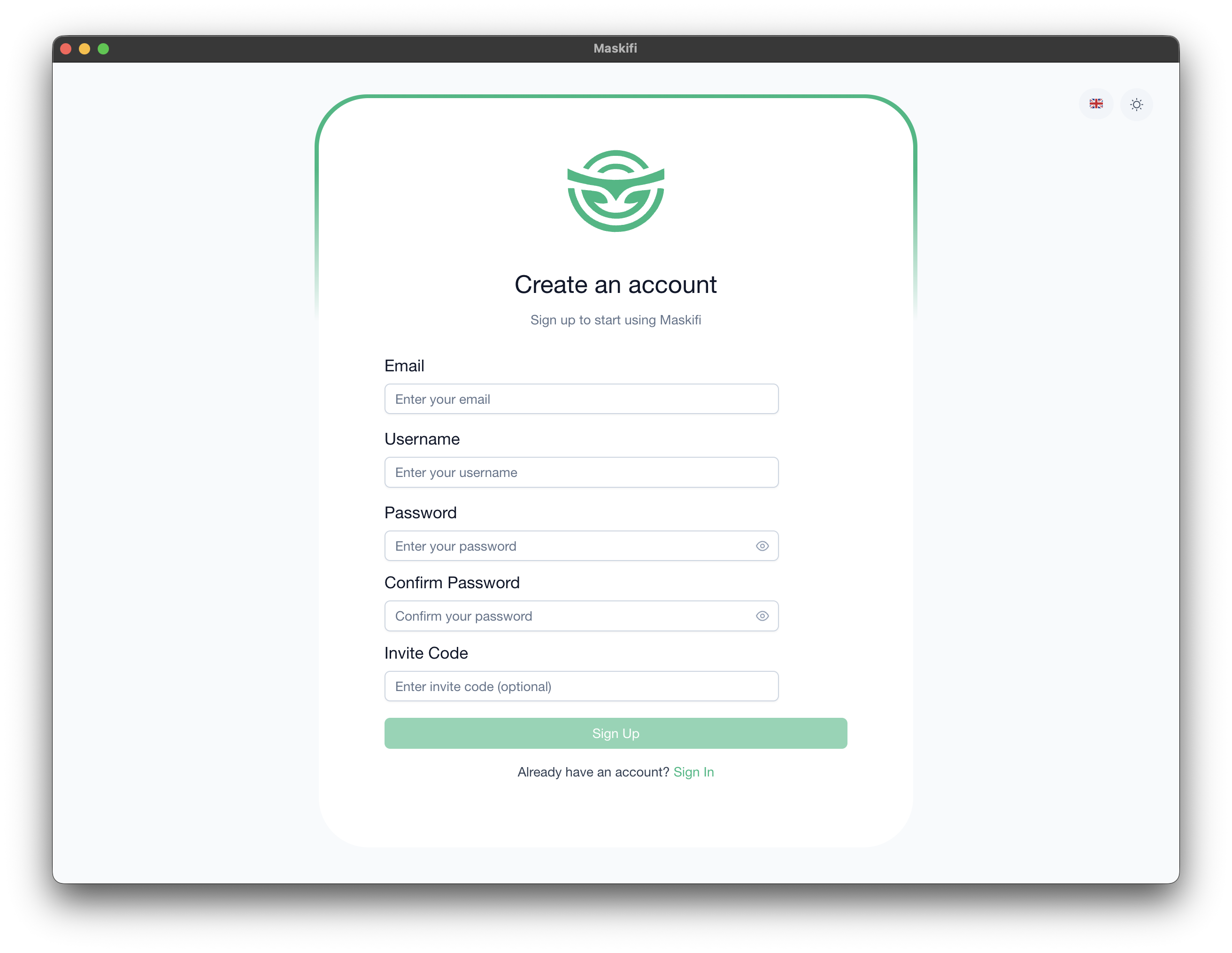 Registration form with all fields visible