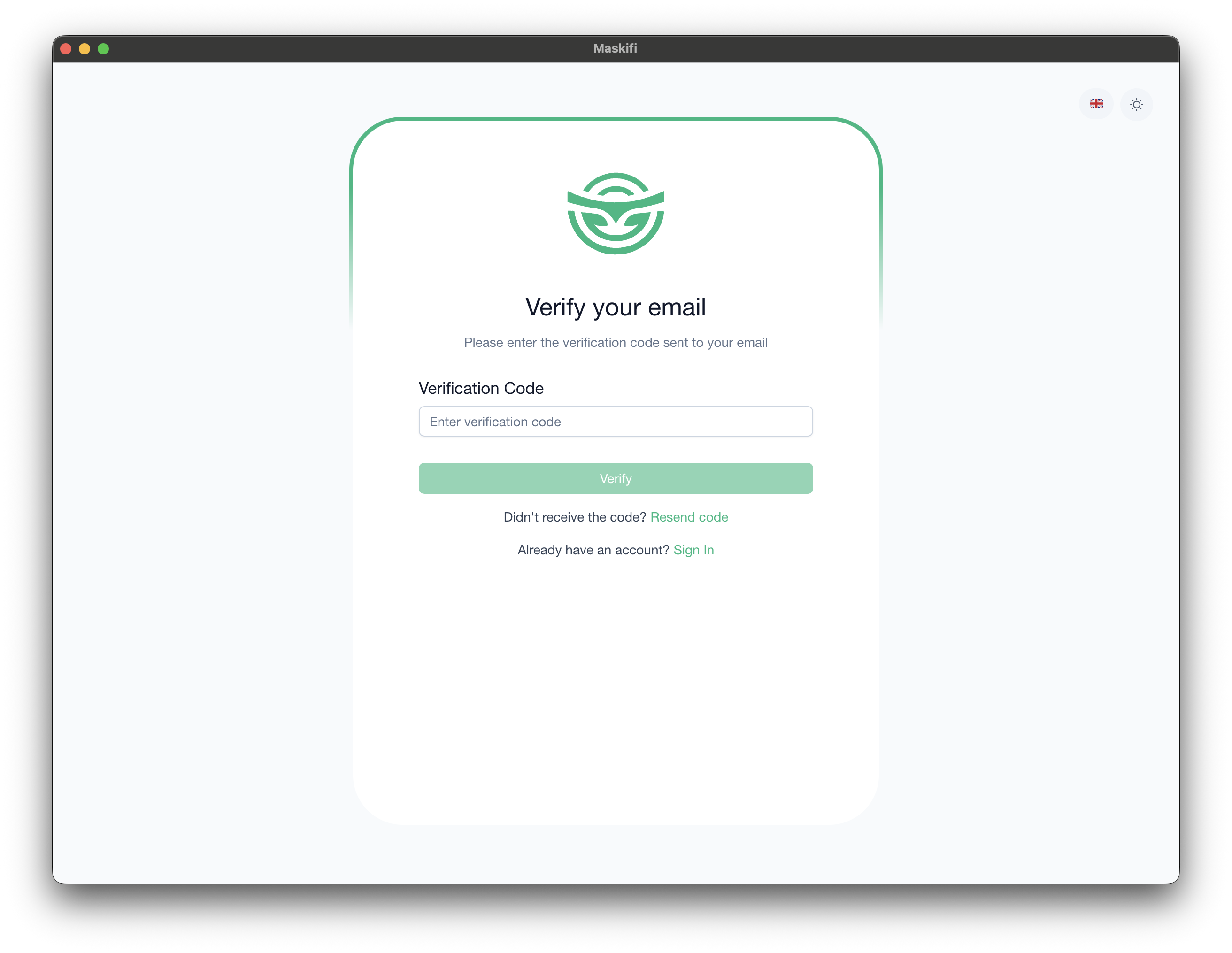 Email verification screen with code input