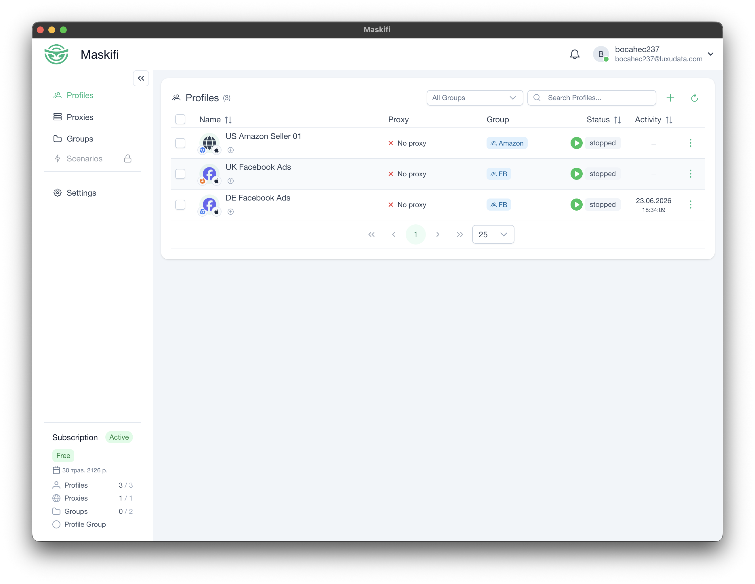 Full Maskifi window with sidebar, top bar, and profiles table