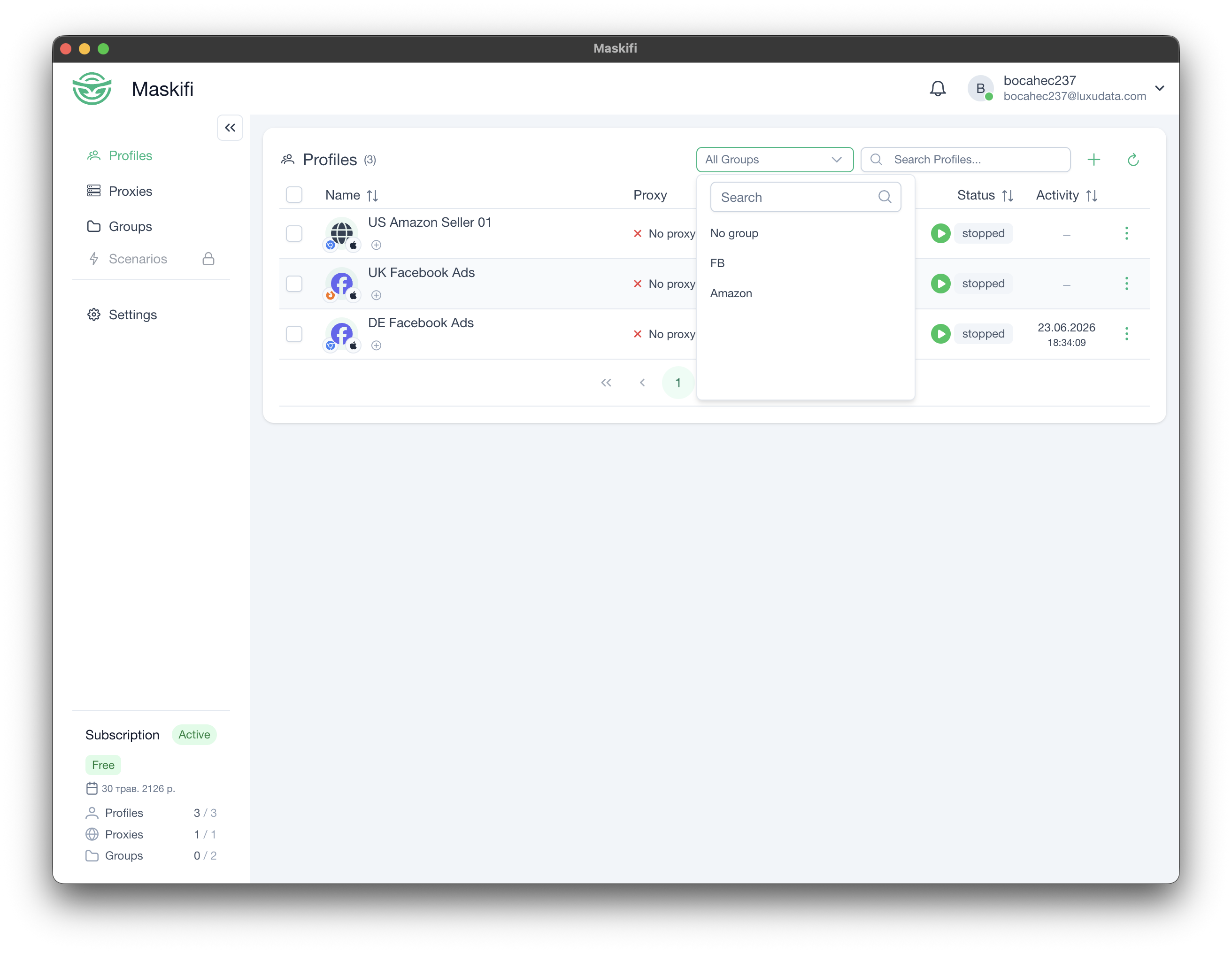 Group filter dropdown open in the Profiles toolbar