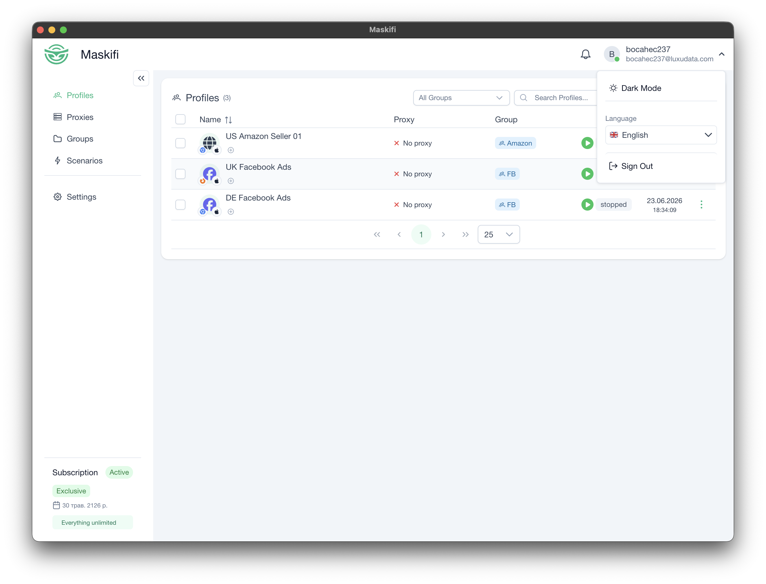 User profile menu open with theme toggle, language selector, and sign out