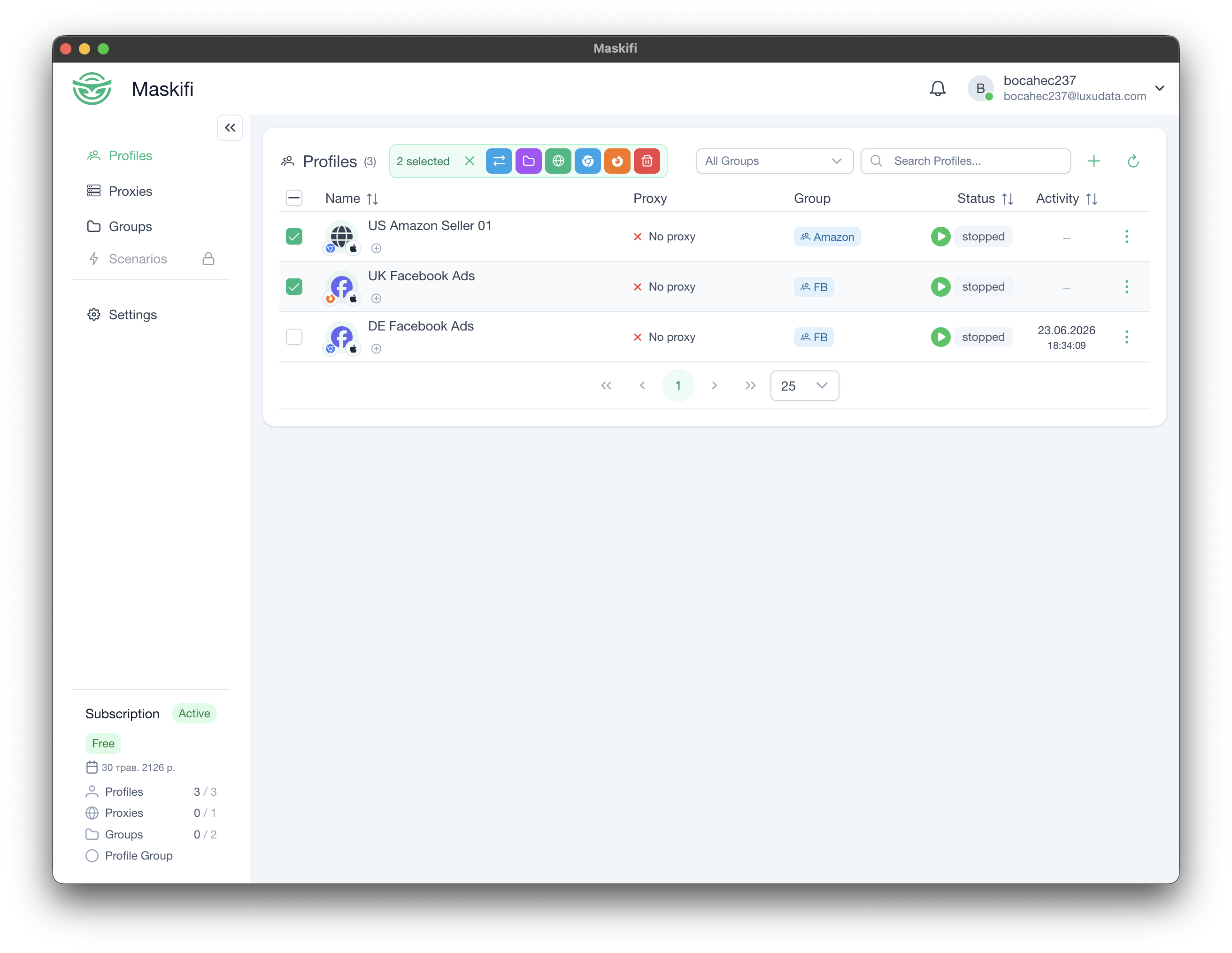 Profiles list with checkboxes selected and bulk-action toolbar visible