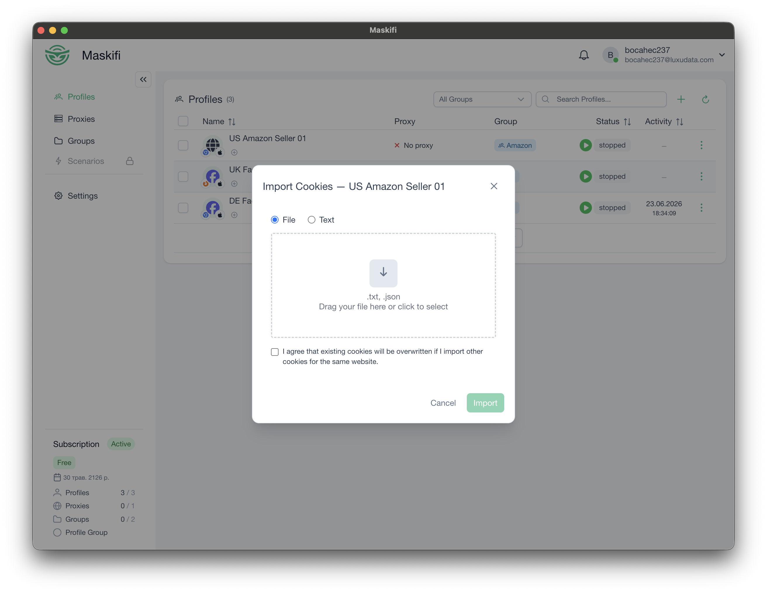 Cookie import dialog with File/Text toggle, drop zone, and confirmation checkbox