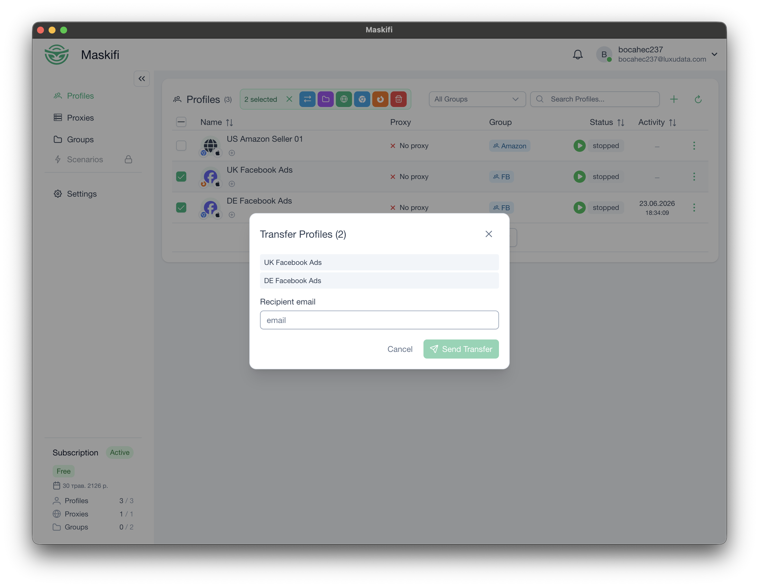 Profiles list with Transfer button in bulk action bar